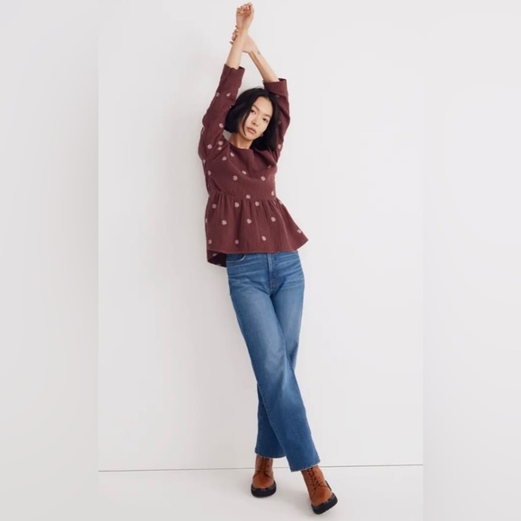 🔖 MADEWELL Embroidered Peplum Open Back Mulberry Top Flower Daisy - Picture 6 of 14